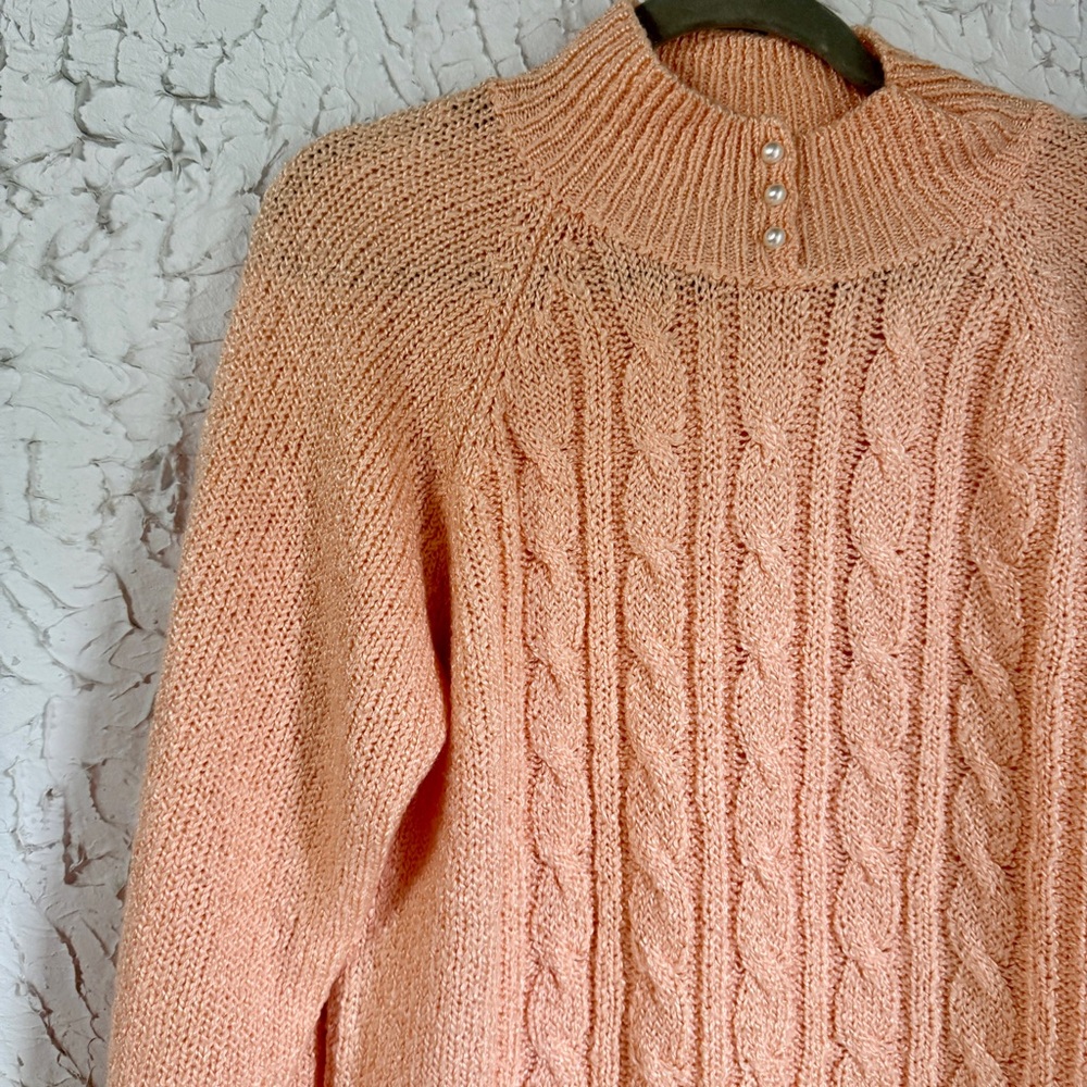 Elegant Peach Cable Knit Turtleneck Sweater - Picture 2 of 7